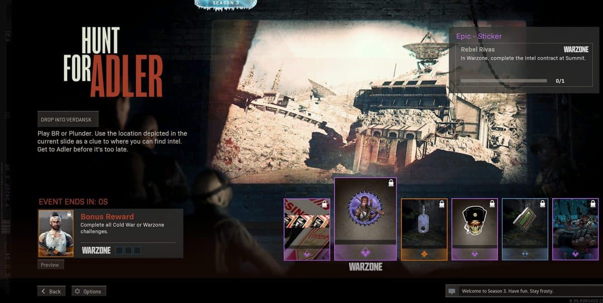 Guide des défis de CoD Warzone Hunt for Adler Intel