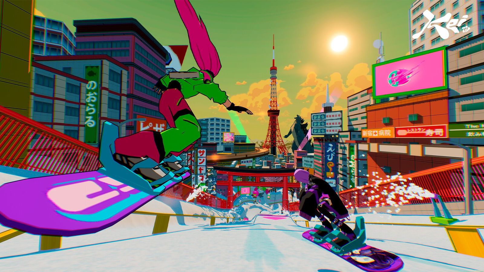 Figure acrobatique en plein vol avec effets visuels fluo dans HYPERyuki