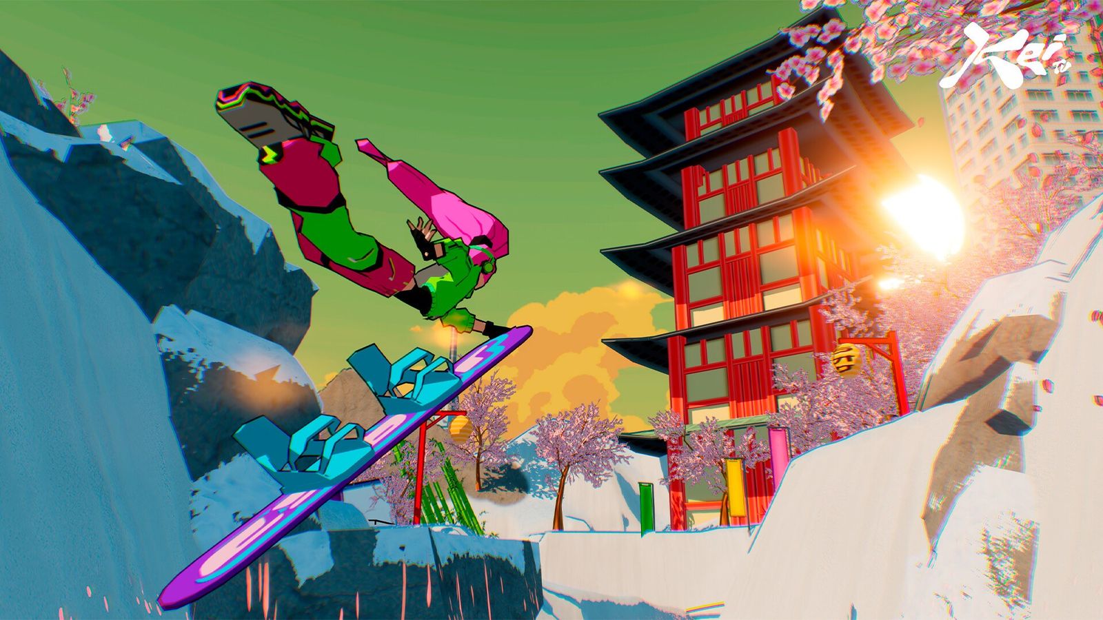 Rider glissant le long d'une crête au coucher du soleil dans HYPERyuki