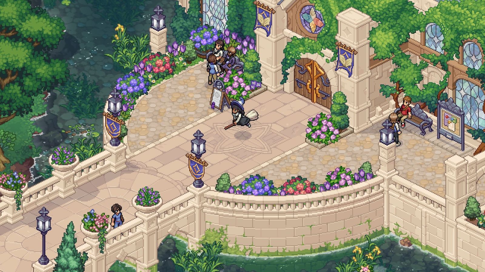 Survol en balai magique du pont menant à l'université de Witchbrook en pixel art isométrique