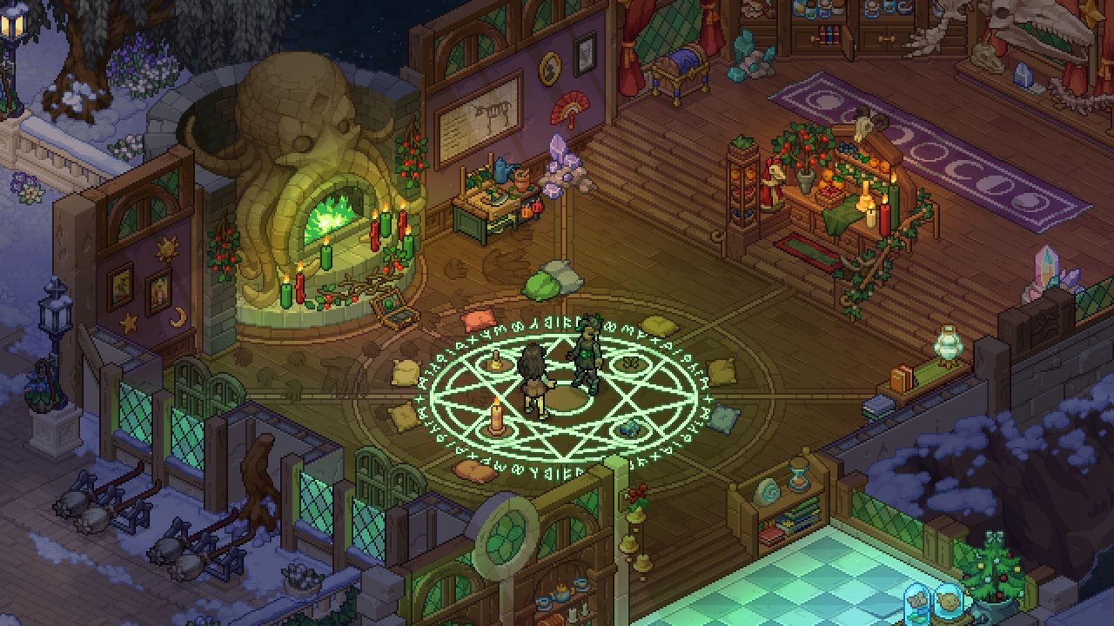 Cercle de rituel magique illuminé en vert dans une salle de cours de Witchbrook en hiver