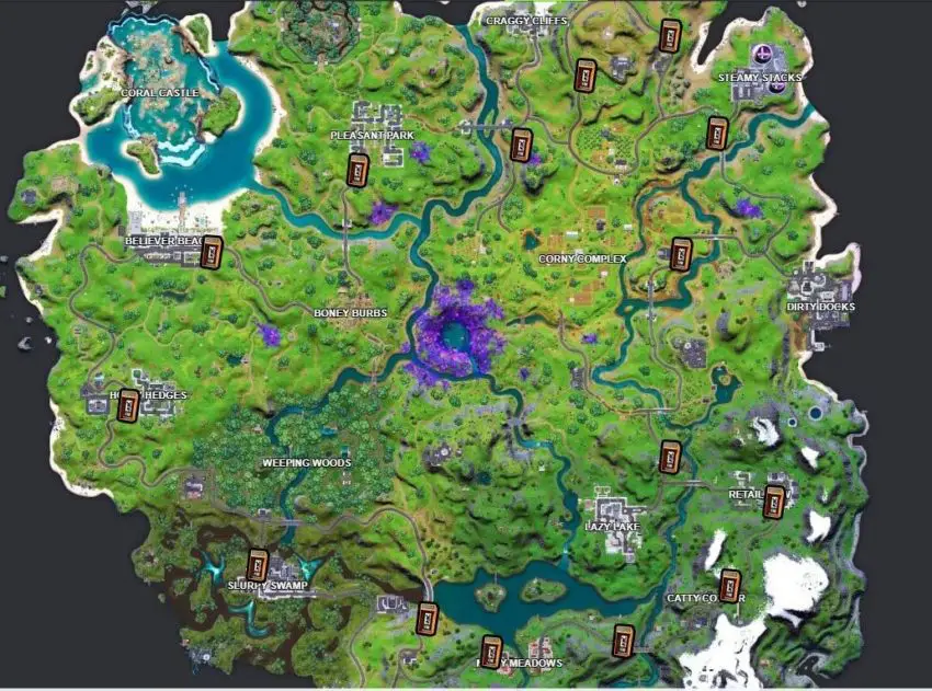 Si vous ne savez pas à quoi ressemble un téléphone public, toutes les cases rectangulaires jaunes sur la carte ci-dessous de la saison 7 du chapitre 2 du FN sont des téléphones publics.