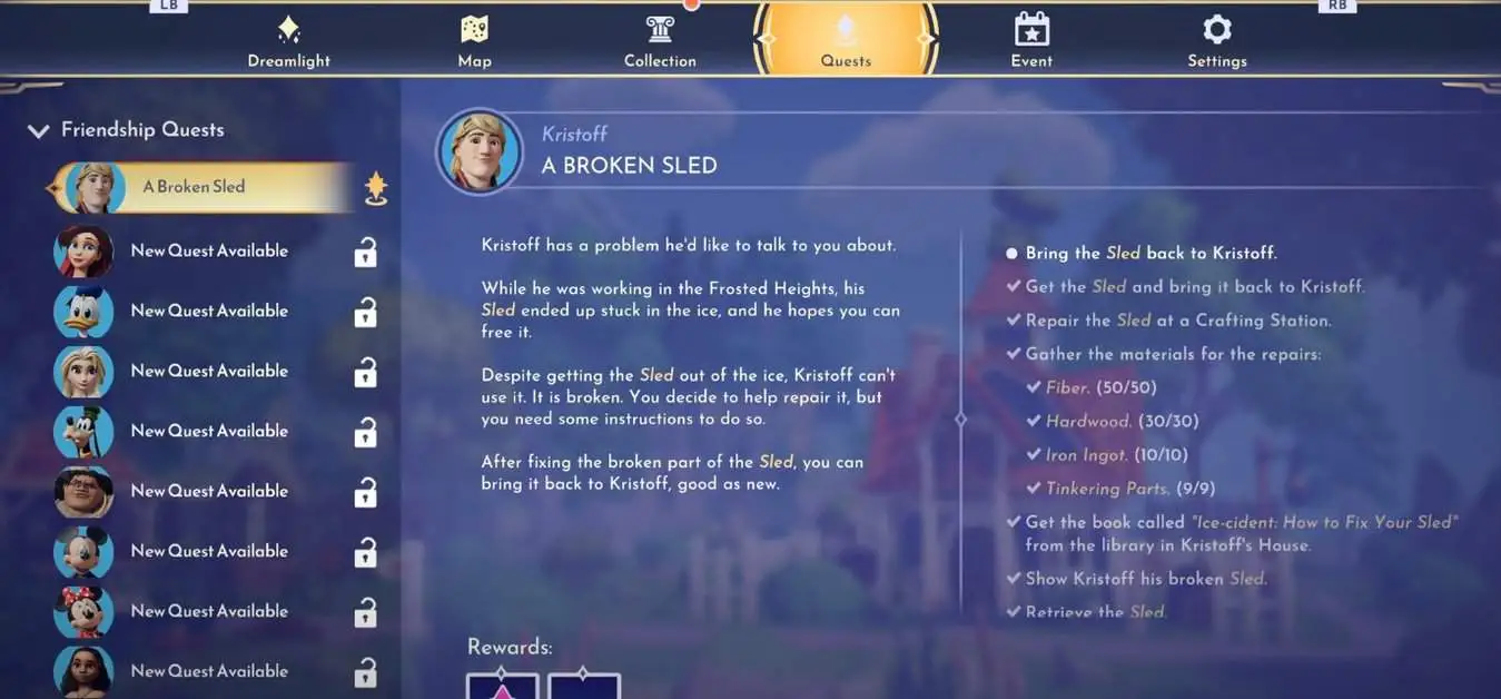 Disney Dreamlight Valley : Guide de quête de Kristoff A Broken Sled