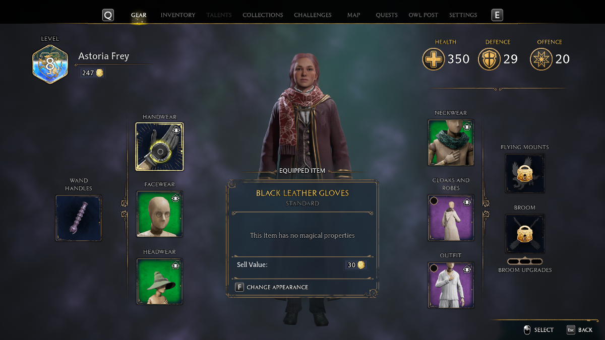 Hogwarts Legacy  Comment porter l'équipement des défis capture d'écran de l'écran d'équipement