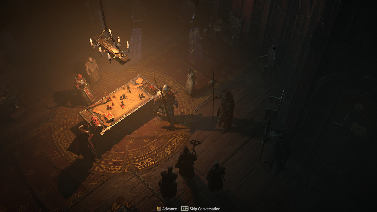 Un joueur de Diablo 4 parle à un PNJ avec une table à gauche