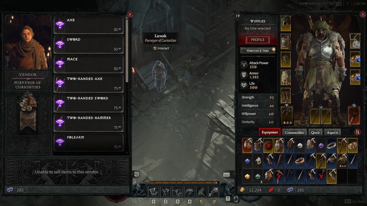 Personnages de Diablo 4 parlant à l'un des vendeurs avec les panneaux ouverts.
