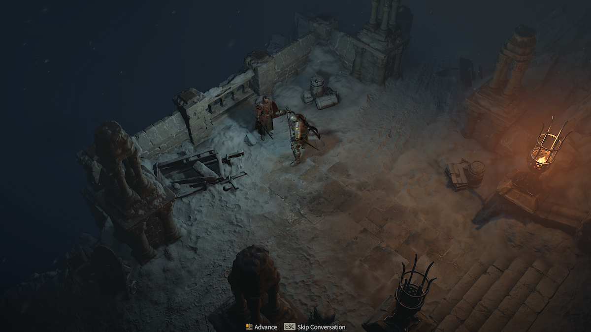 Personnage de Diablo 4 interagissant avec un PNJ avec un feu en arrière-plan