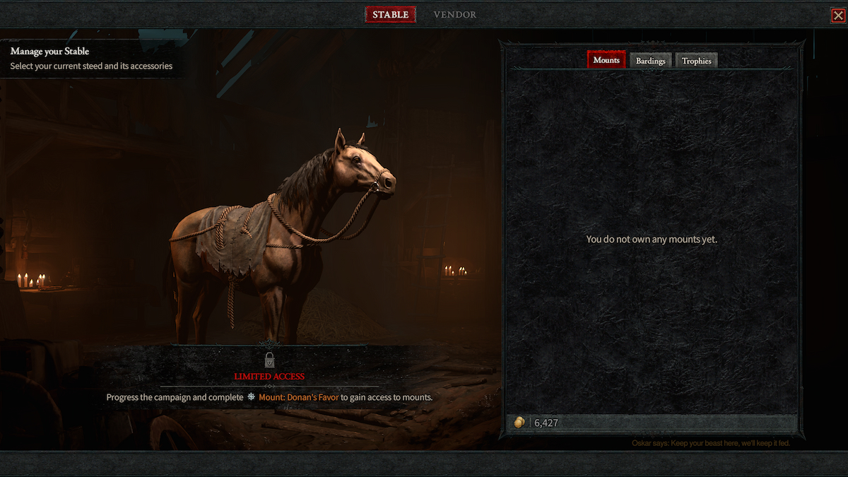 Menu de l'écurie de la monture Diablo 4
