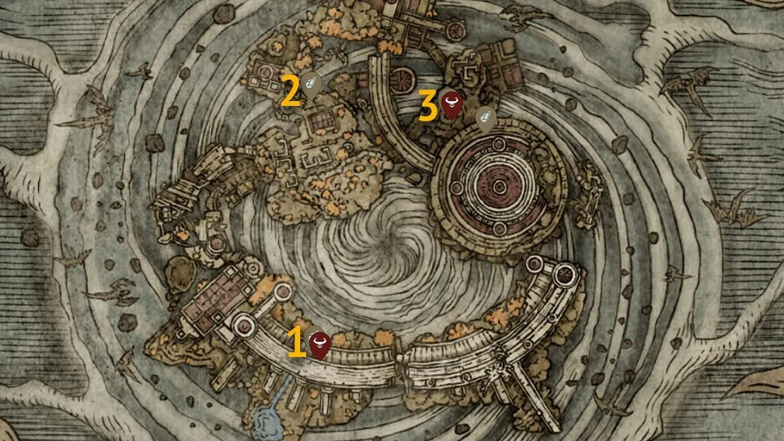 Emplacements de la carte de la pierre de forge du dragon antique de Farum Azula en ruine dans l'Elden Ring
