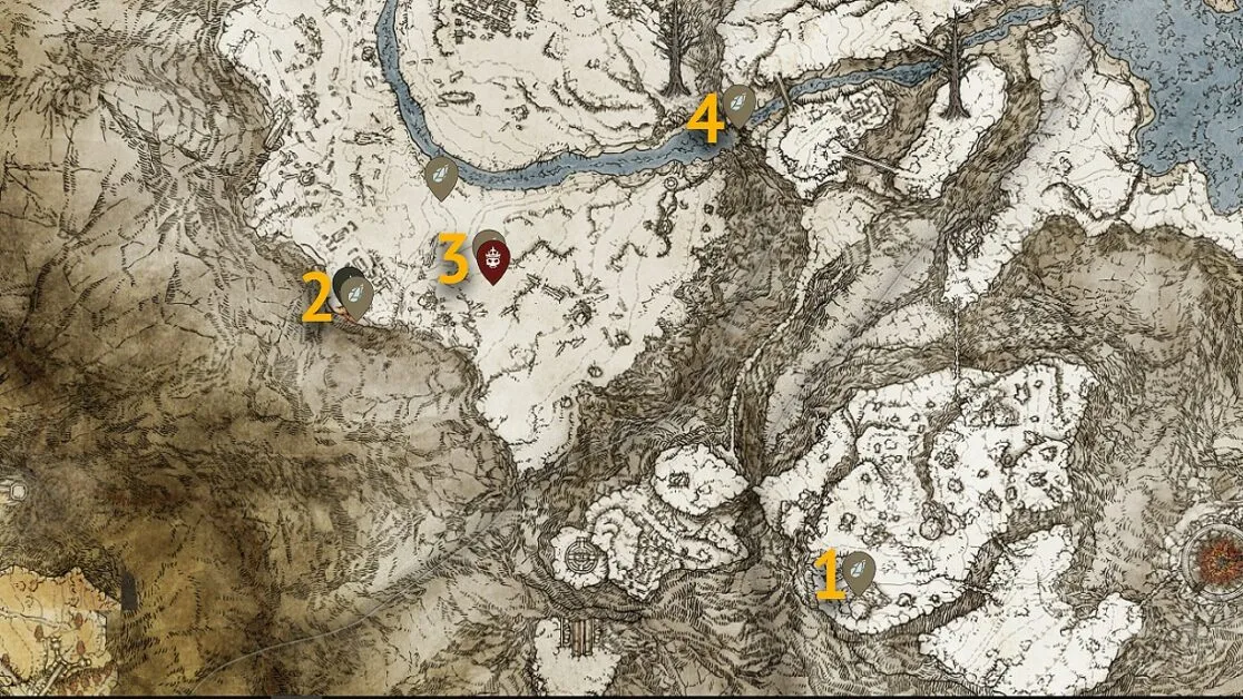 Sommets des montagnes des géants Ancient Dragon Smithing Stone emplacements de la carte dans Elden Ring
