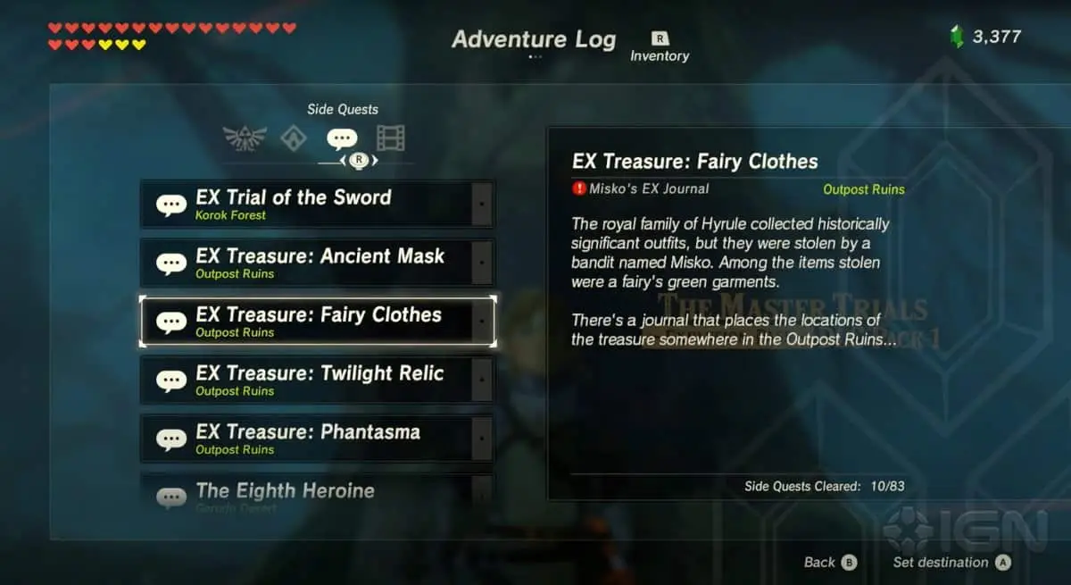 Zelda : Breath Of The Wild - Trésor Ex : Guide de la quête des habits de fée