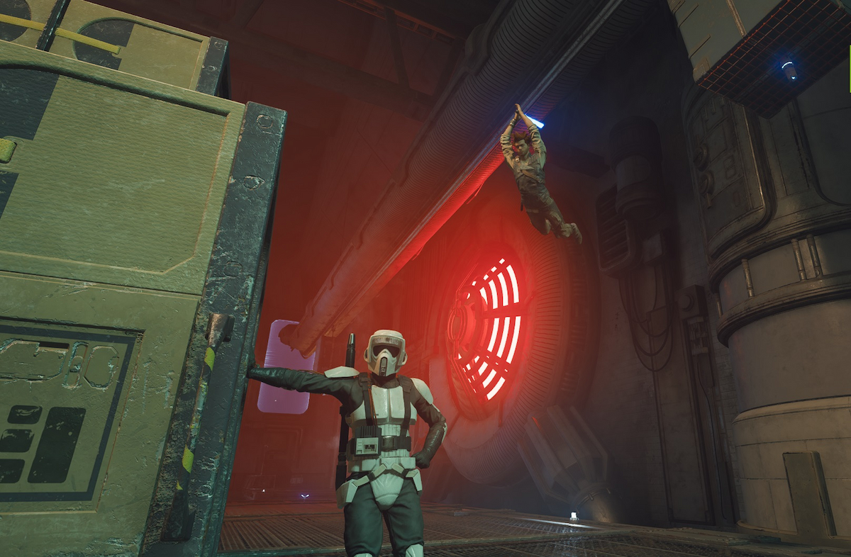 Star Wars Jedi Survivor Cal sur le point d'attaquer un Strom Tropper