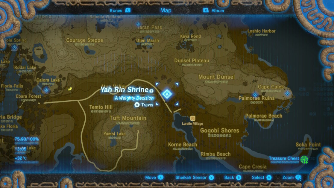 Emplacement du sanctuaire Yah Rin à Zelda BOTW