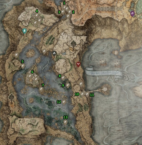 Liurnia des lacs Smithing Stone 3 emplacements cartographiques dans Elden Ring