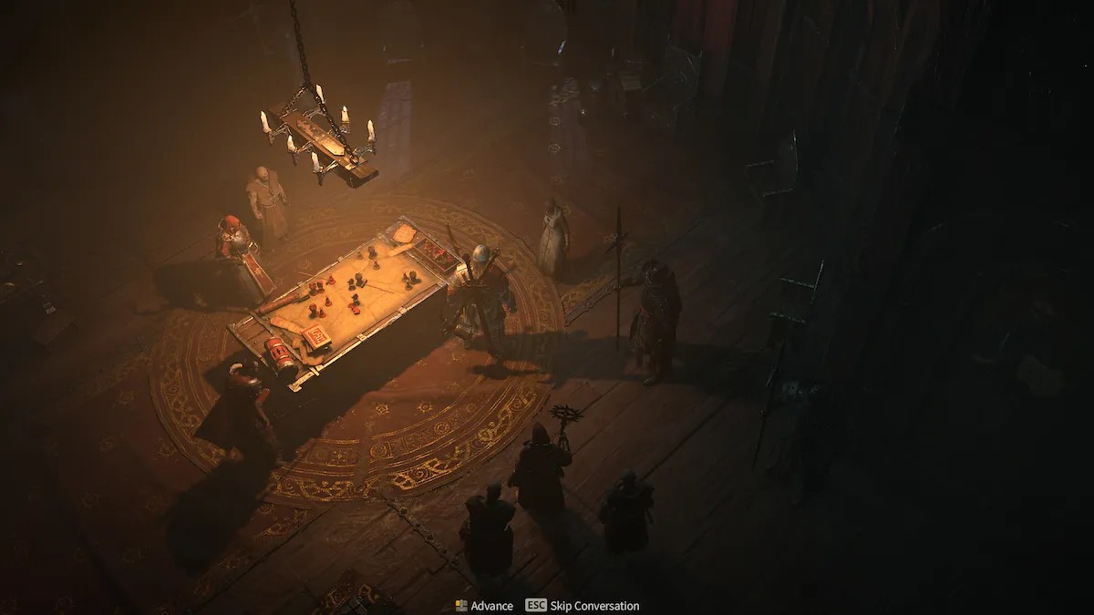 Un joueur de Diablo 4 parle à un PNJ avec une table à gauche