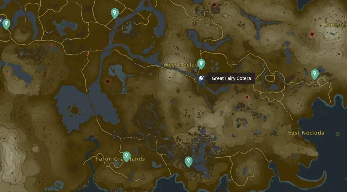 Emplacement de la grande fontaine des fées Cotera dans Zelda TotK