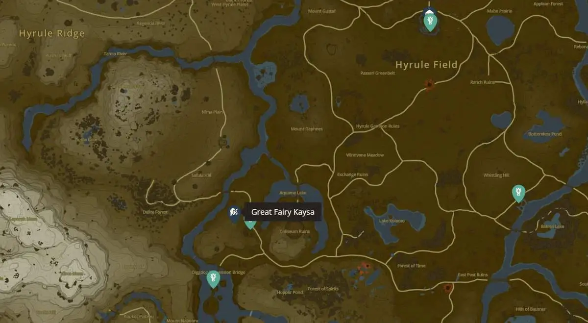 Emplacement de la grande fontaine des fées Kaysa dans Zelda TotK