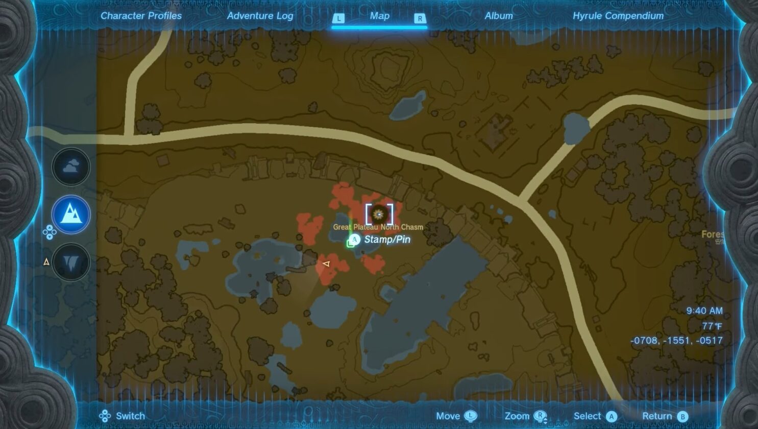 Emplacement du gouffre nord du Grand Plateau dans Zelda TotK