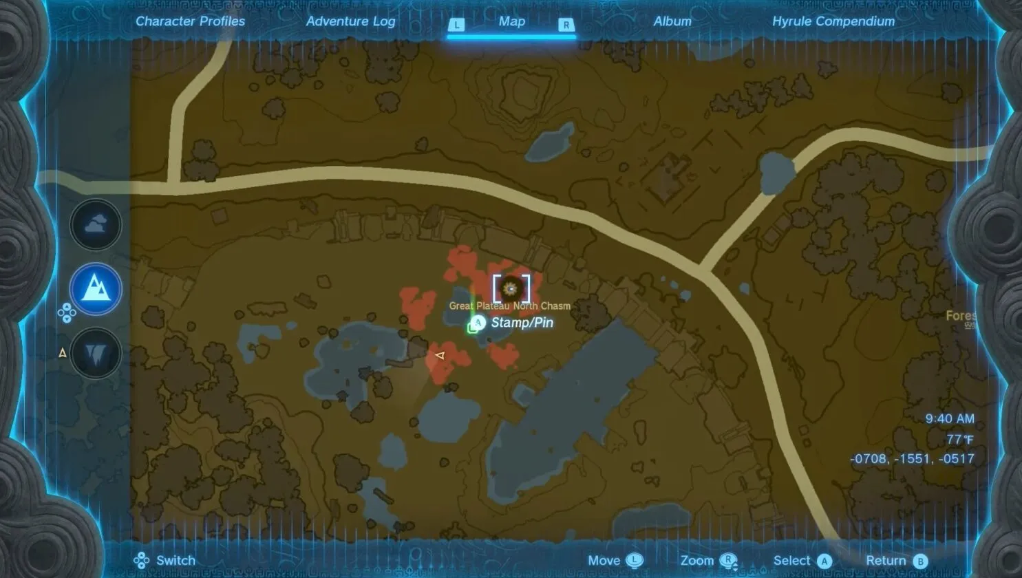 Emplacement du gouffre nord du Grand Plateau dans Zelda TotK