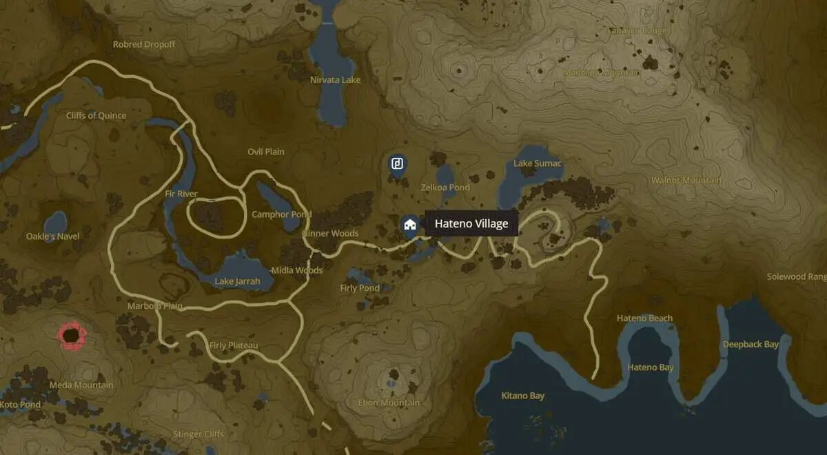 Emplacement du village Hateno dans Zelda TotK