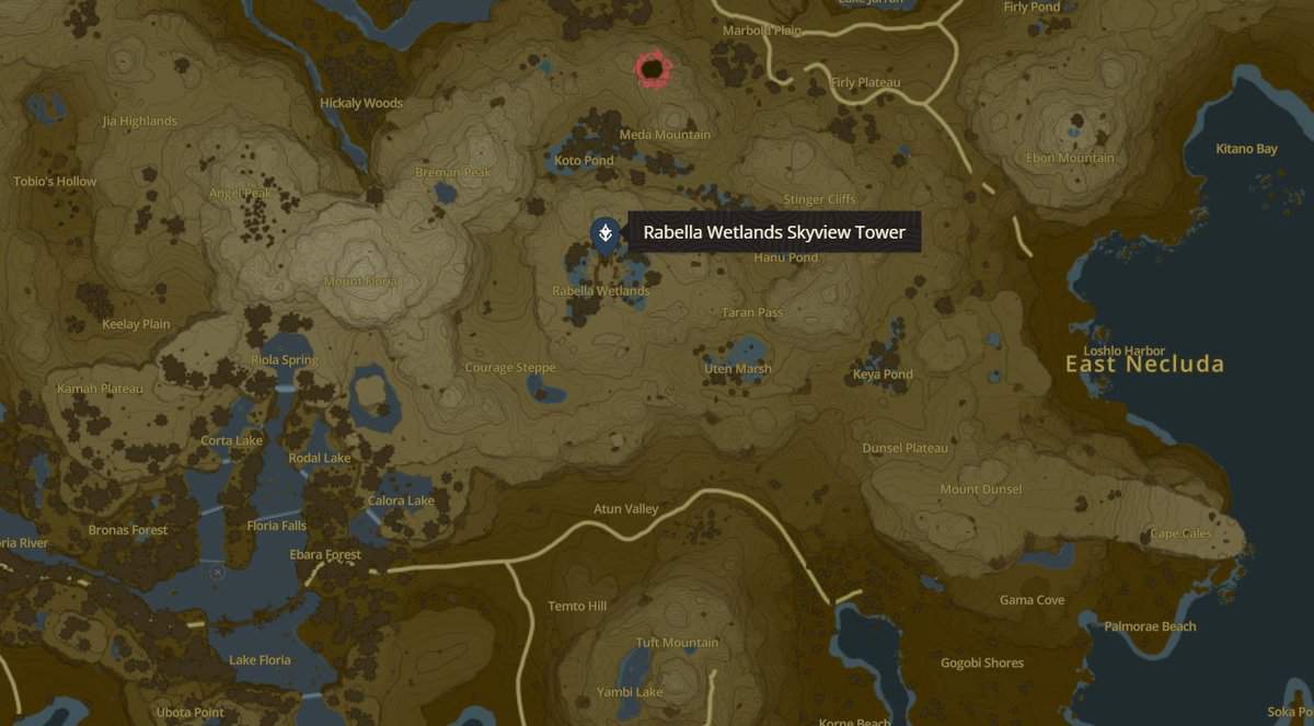 Emplacement de la tour Rabella Wetlands Skyview à Zelda TotK