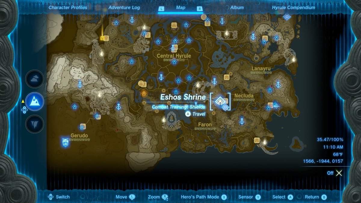 Emplacement de la carte du sanctuaire d'Eshos dans Tears of the Kingdom