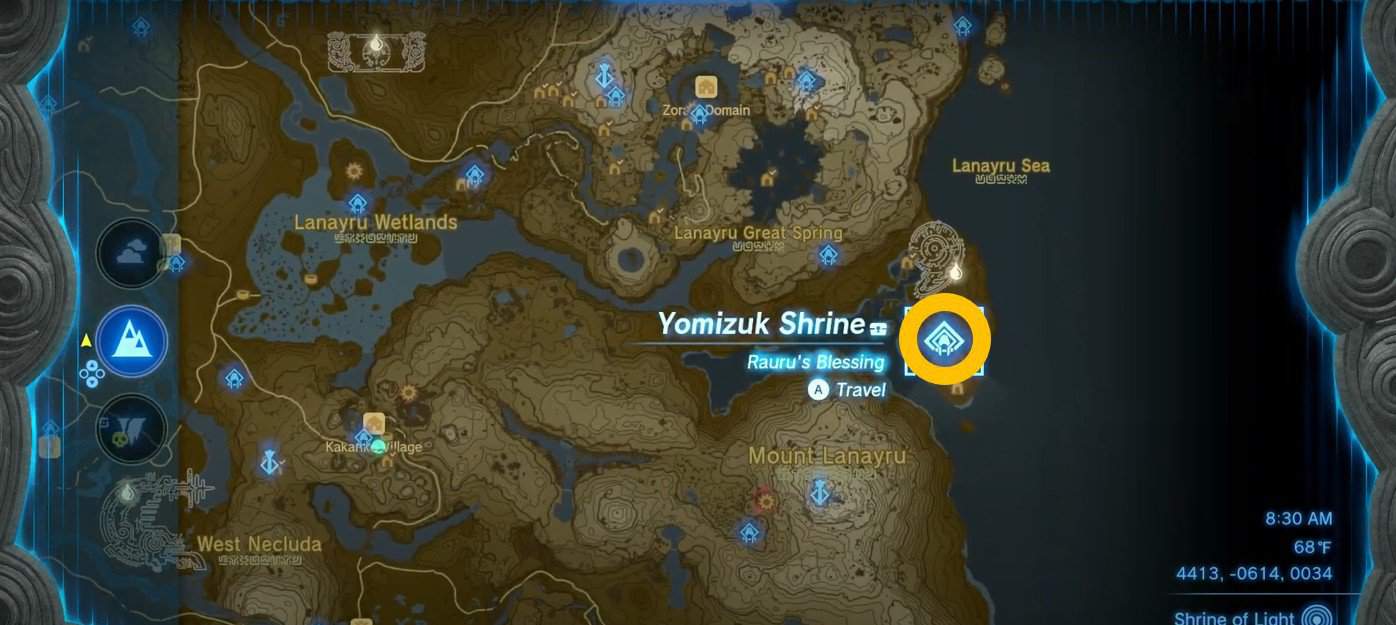 Emplacement de la carte du sanctuaire Yomizuk dans Tears of the Kingdom