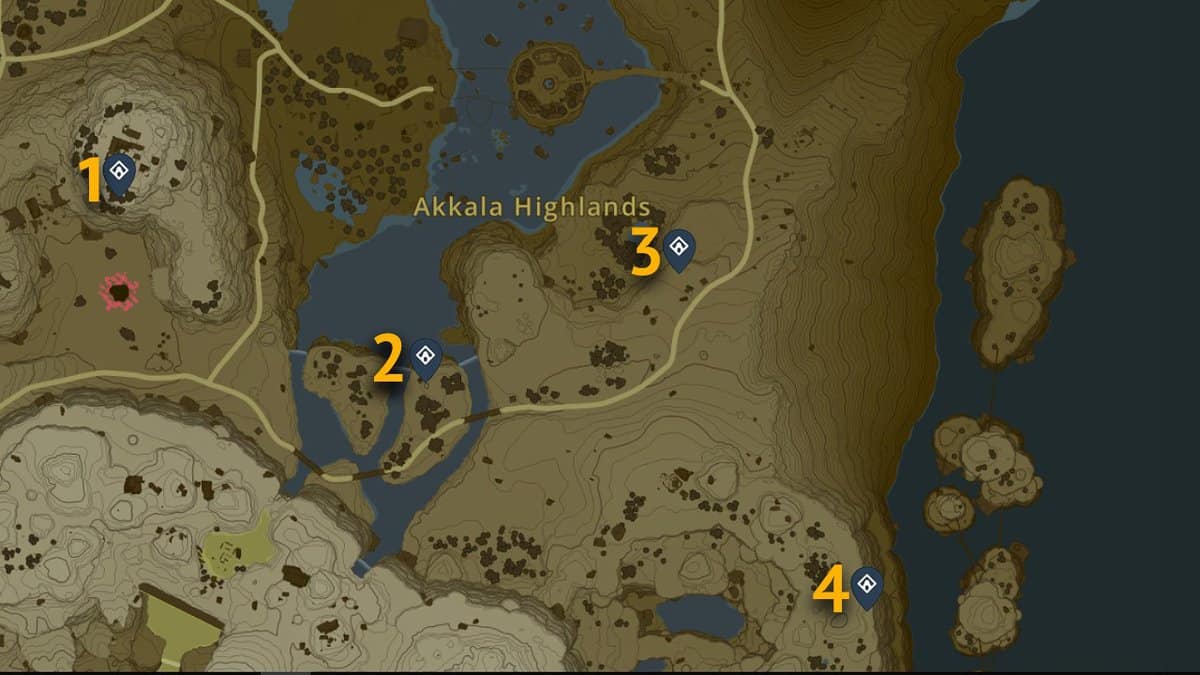 Emplacements sur la carte des sanctuaires d'Akalla Highland dans Tears of the Kingdom