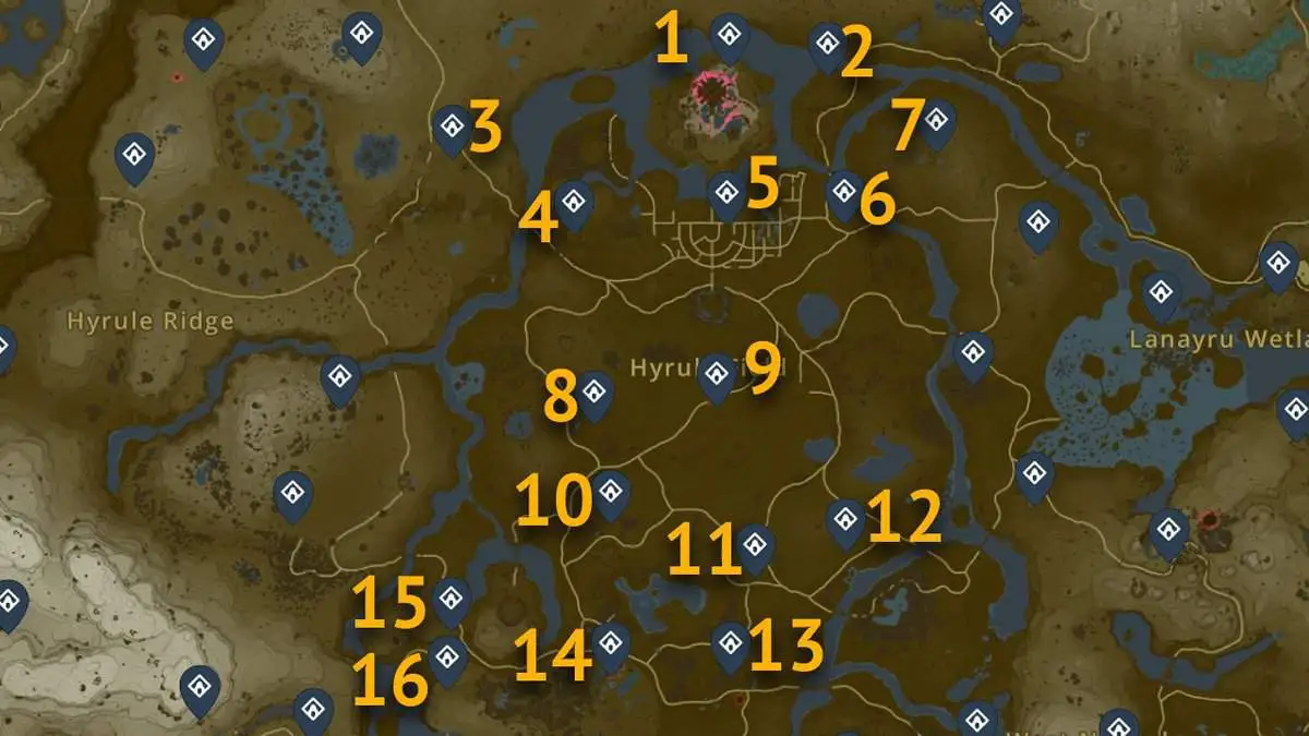 Emplacements sur la carte des sanctuaires centraux du champ d'Hyrule dans Tears of the Kingdom