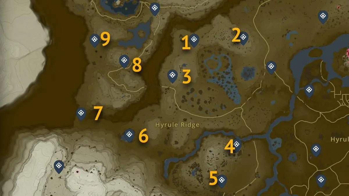 Emplacements sur la carte des sanctuaires centraux d'Hyrule Ridge dans Tears of the Kingdom
