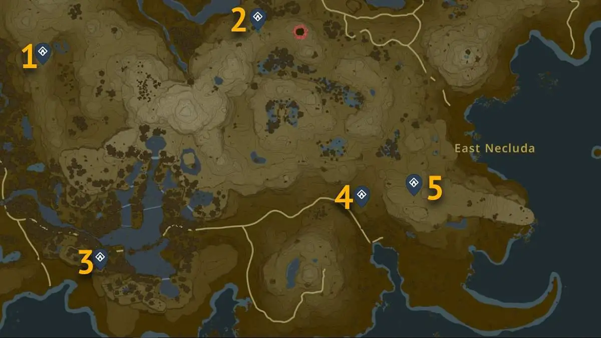 Emplacements sur la carte des sanctuaires East Necluda dans Tears of the Kingdom
