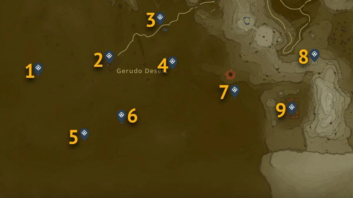 Emplacements sur la carte des sanctuaires du désert Gerudo dans Tears of the Kingdom
