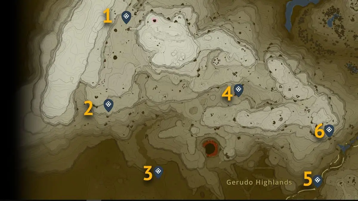 Emplacements sur la carte des sanctuaires Gerudo Highlands dans Tears of the Kingdom
