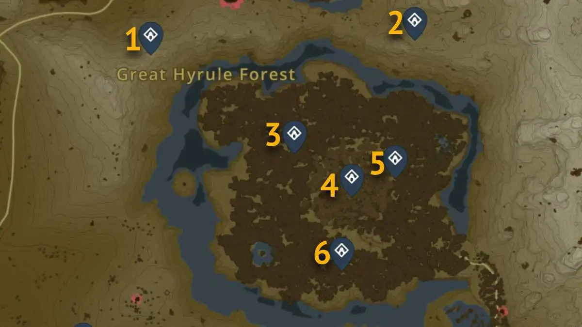 Emplacements sur la carte des sanctuaires de la forêt du Grand Hyrule dans Tears of the Kingdom