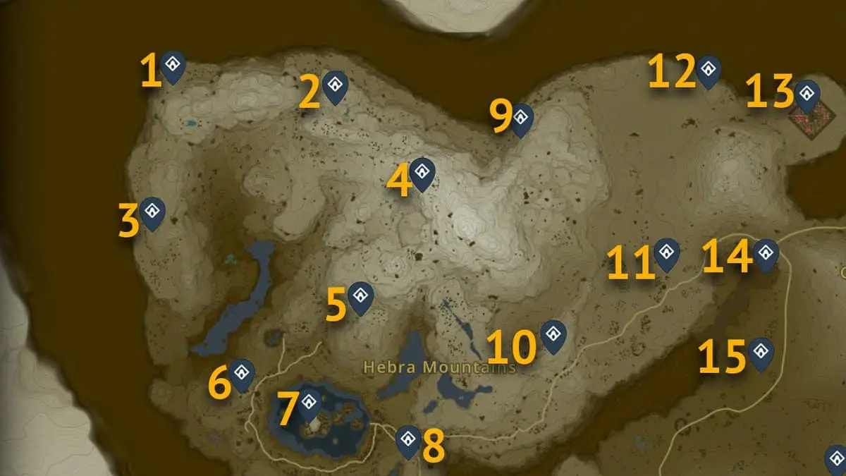 Emplacements sur la carte des sanctuaires des montagnes d'Hébra dans Tears of the Kingdom