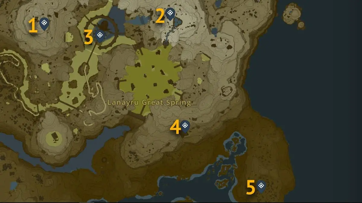 Emplacements sur la carte des sanctuaires de Lanayru Greatspring dans Tears of the Kingdom