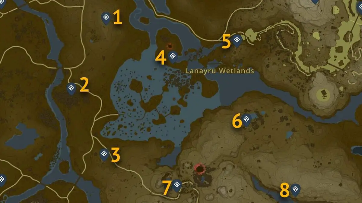 Emplacements sur la carte des sanctuaires des zones humides de Lanayru dans Tears of the Kingdom