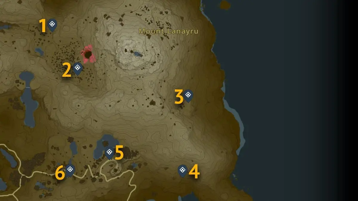 Emplacements sur la carte des sanctuaires du mont Lanayru dans Tears of the Kingdom