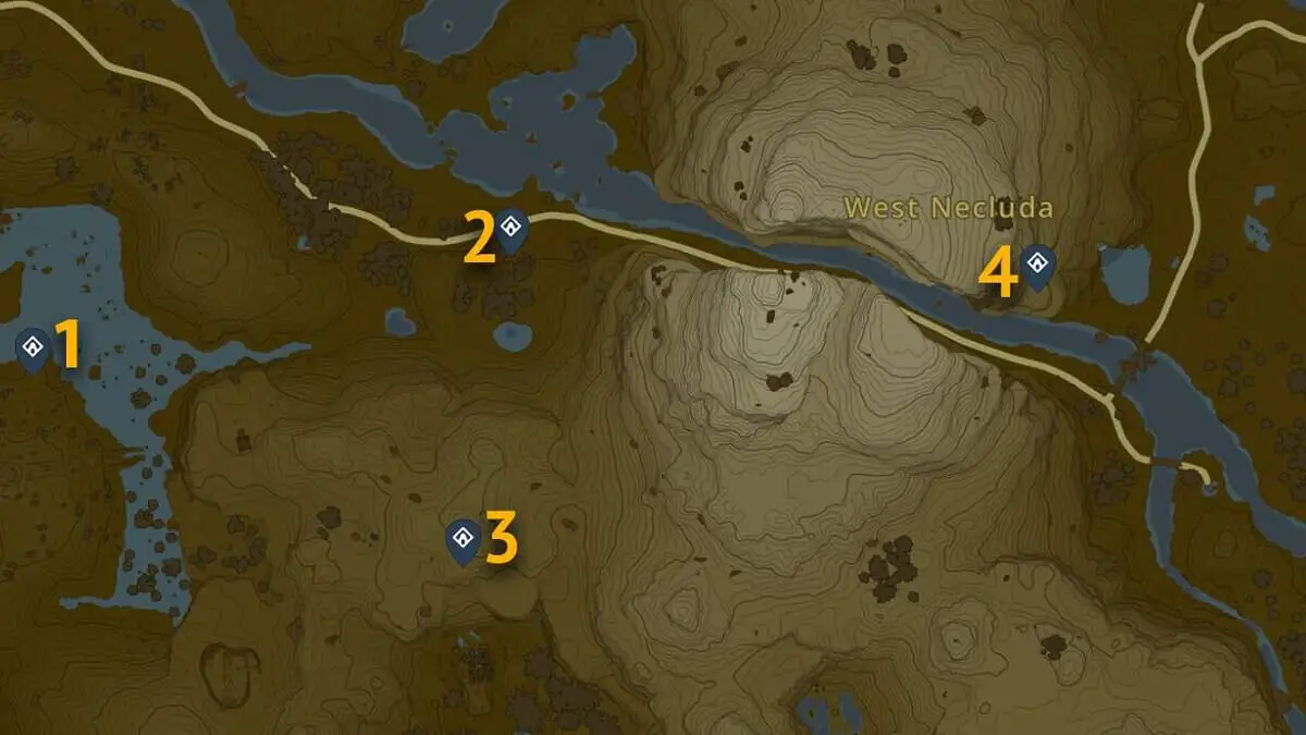 Emplacements sur la carte des sanctuaires West Necluda dans Tears of the Kingdom