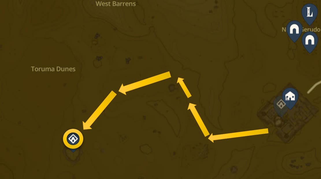 Emplacement de la carte du sanctuaire de Miryotanog dans Zelda : TotK Gerudo Desert 