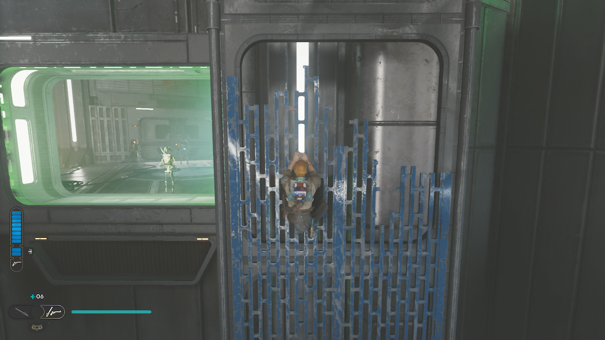 Cal grimpant sur le rail avec un champ de force à sa gauche Comment obtenir des couleurs pour la tenue de commandant dans Star Wars Jedi: Survivor