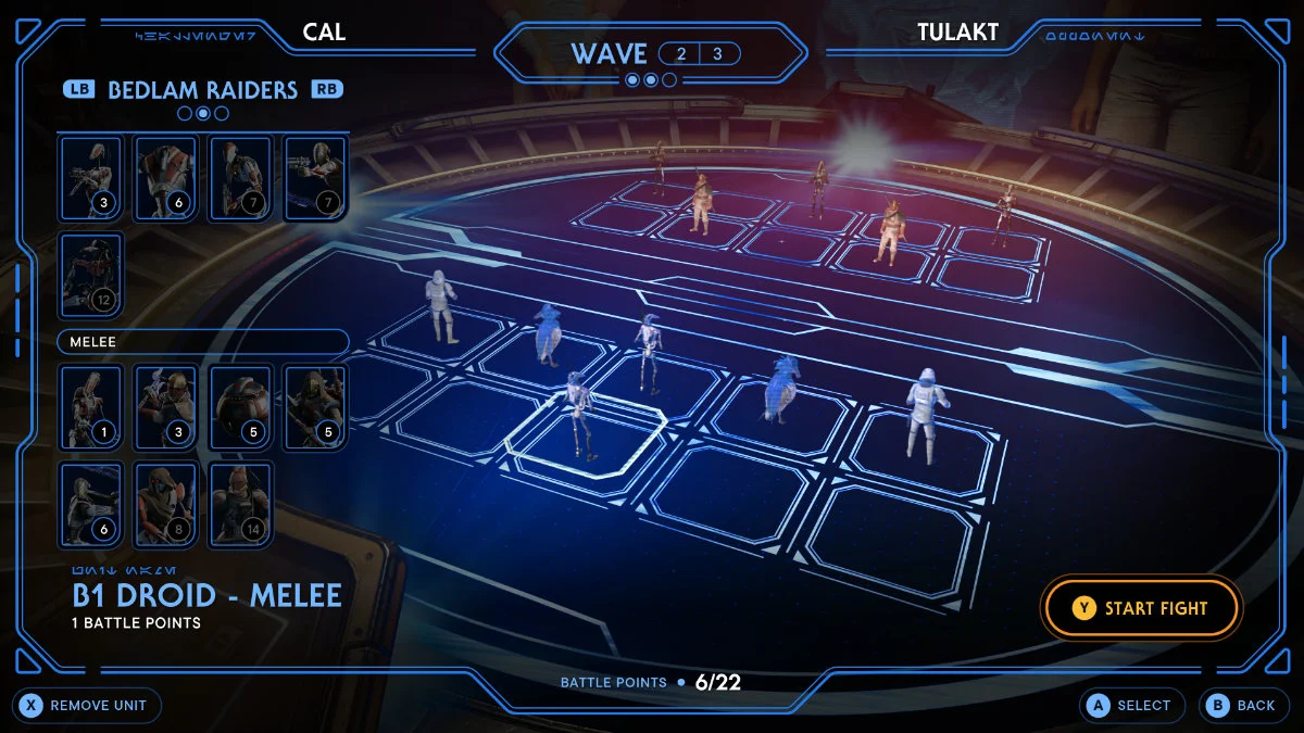 Star Wars Jedi Survivor Comment battre Tulakt Wave 1 2 3 Holotactics Halo Tactics Units