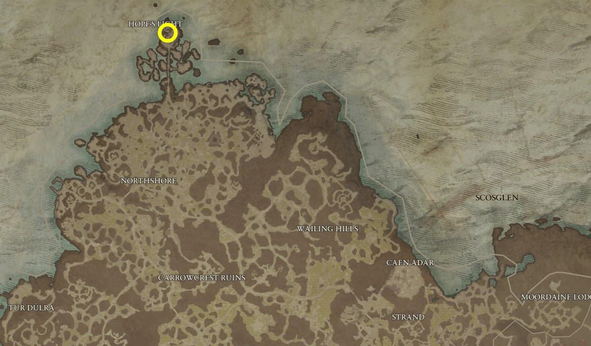Emplacement de la carte de la forteresse de Hope's Light dans Diablo 4