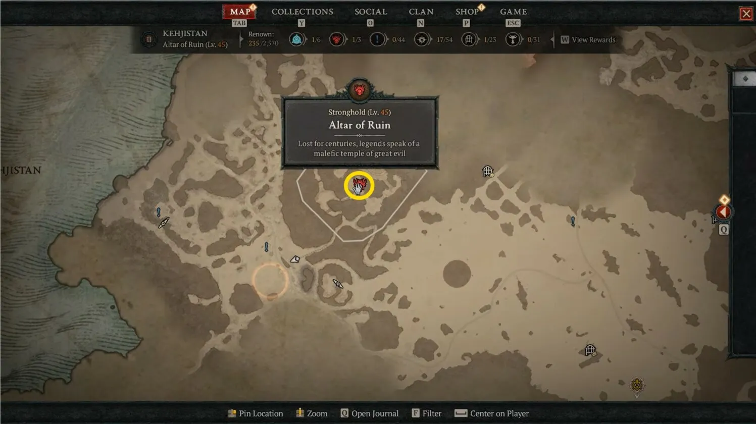 Emplacement de la carte Altar Of Ruin Stronghold dans Diablo 4