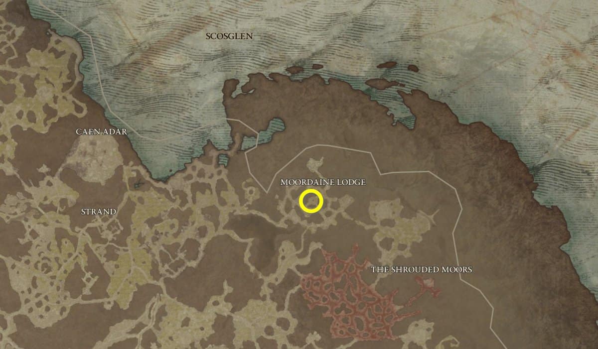 Emplacement de la carte de la forteresse de Moordaine Lodge dans Diablo 4