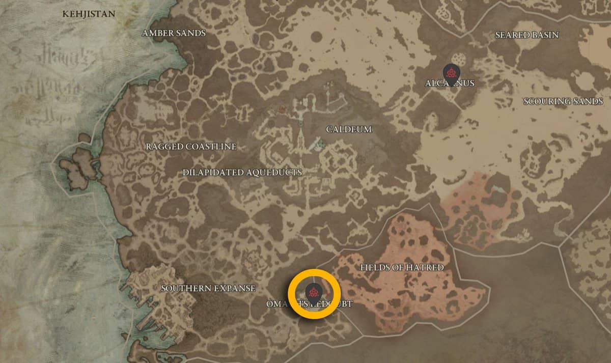 Emplacement de la carte de la forteresse de la redoute d'Omath dans Diablo 4