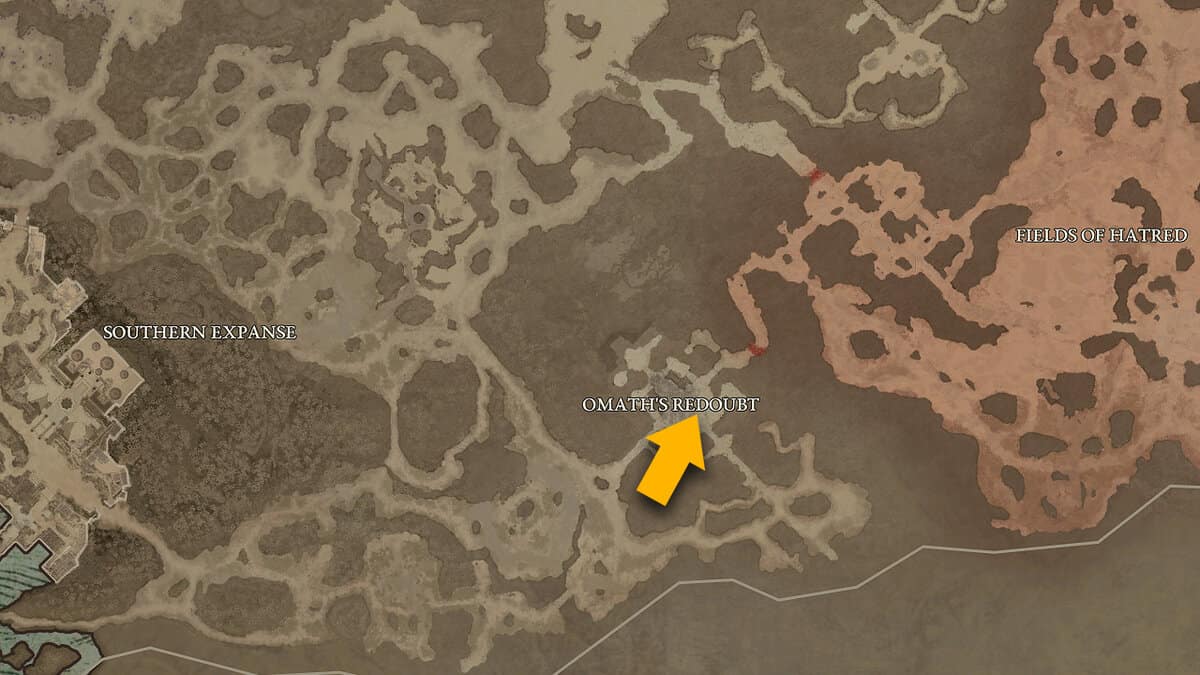 Emplacement de la carte de la redoute d'Omath dans Diablo 4