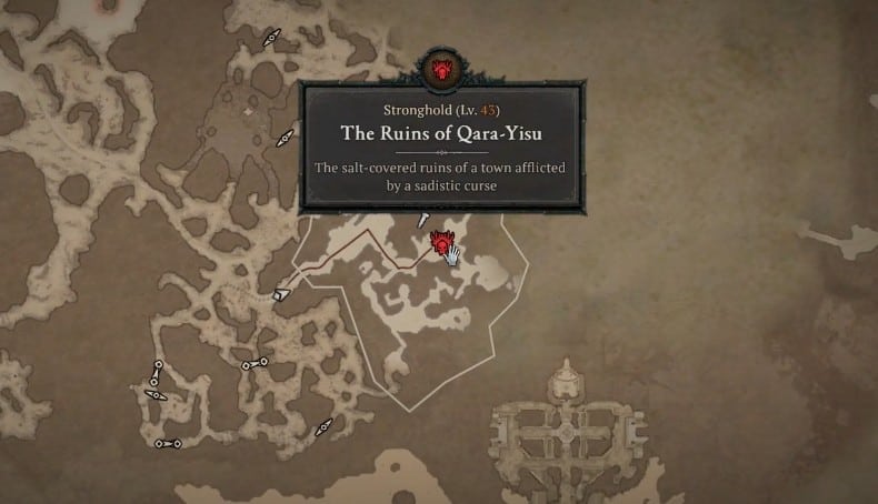 Emplacement de la carte des ruines de la forteresse de Qara-Yisu dans Diablo 4