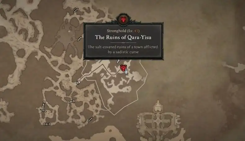 Emplacement de la carte des ruines de la forteresse de Qara-Yisu dans Diablo 4