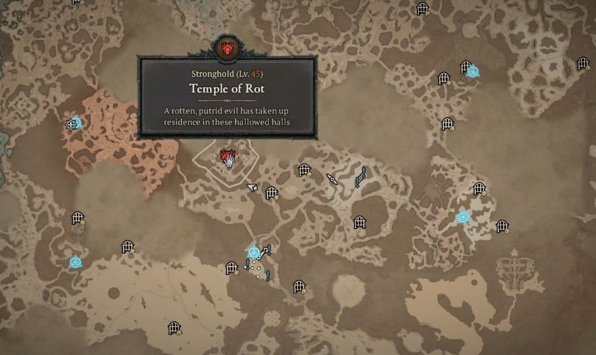 Emplacement de la carte de la forteresse du temple de la pourriture dans Diablo 4